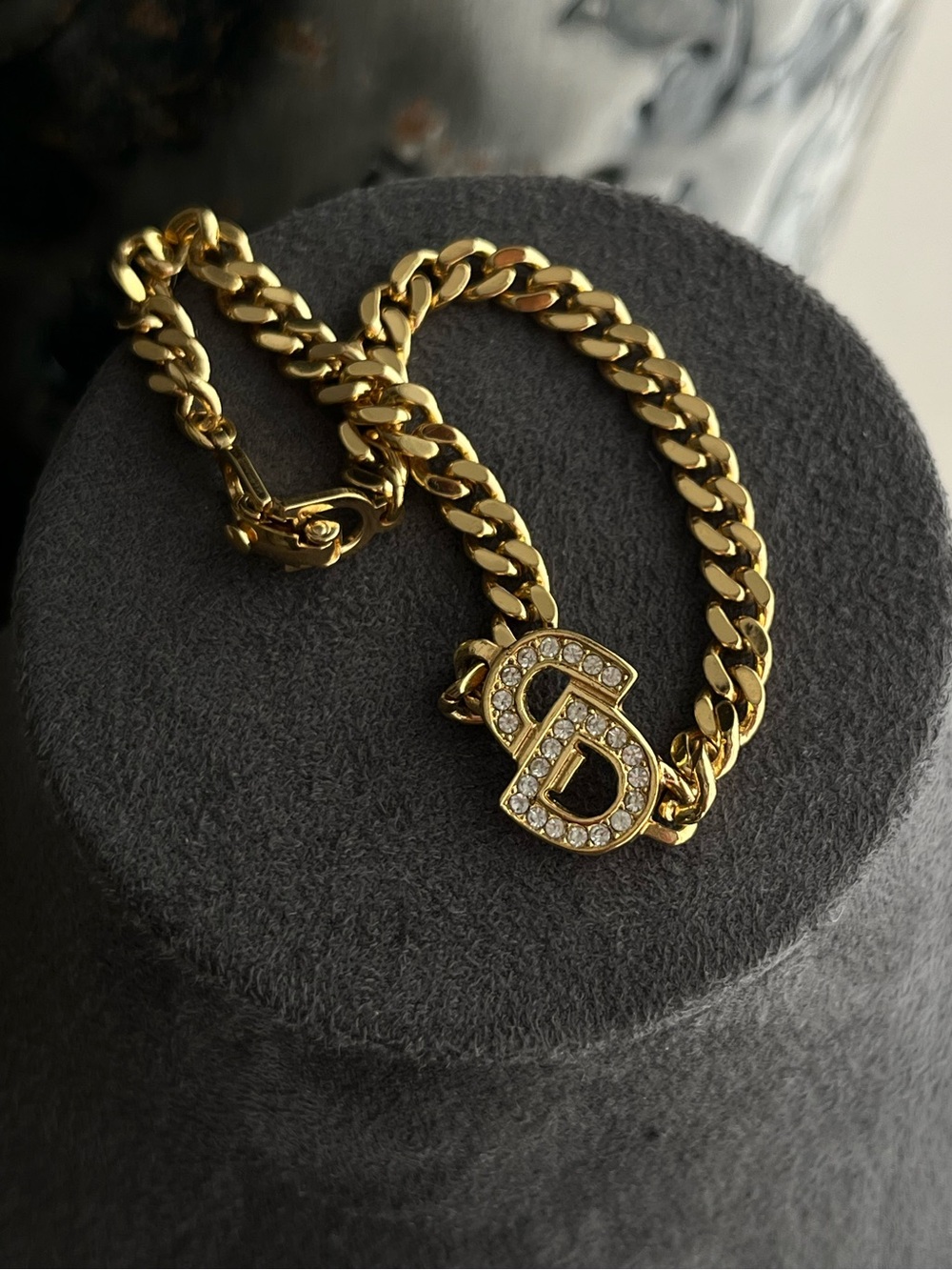 Authentic Vintage Dior Classic CD Logo Monogram Pavé Gold Cuban Link Bracelet